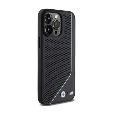 A black iPhone case with a perforated pattern and BMW branding.