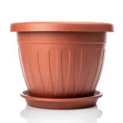 Produktbild von BigDean H-MED 50cm Blumentopf mit Untersetzer rund Terracotta - wetterfester Pflanzkübel - Wasserablauf UV-beständig aus bruchsicherem Kunststoff