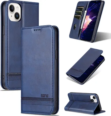 Image de Etui en cuir pour iPhone 15, étui portefeuille pliable avec fermeture magnétique et support bleu
