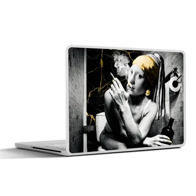 Produktbild von MuchoWow® Laptop Aufkleber Sticker Cover Marmoroptik - Mädchen mit Perlenohrring - Zigaretten - Toilette - Gold - Kunst - Alte Meister 30x21 cm - Sticker für Laptop - Selbstklebend