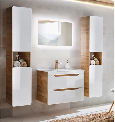 Produktbild von Badmöbel Set mit 81 cm Keramik-Waschbecken LUTON-56 Hochglanz weiß mit Wotan Eiche Nb., B/H/T ca. 180/200/46 cm