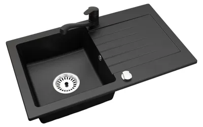 Produktbild von [Granitspüle 76x44 Schwarz+ Armatur]Hochwertig beidseitig Montierbar Küchenspüle Eckig Einbaugranitspüle Granit Spülbecken f. Unterschränke ab 45 cm inkl.Siphon Set, Armatur:Klein