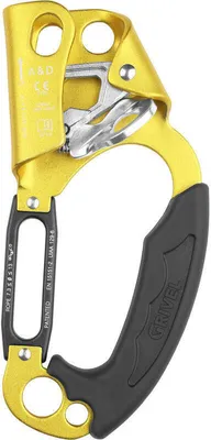 A close-up studio shot of a Grivel A&D Grip climbing ascender.