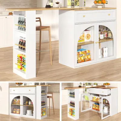 Image de Table de bar extensible 138-204 x 39 x 104 cm – pivotante à 360°, table haute et îlot de cuisine avec rangements, buffet avec étagères et vitrine, blanc