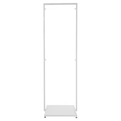 A white metal clothing rack on a white background.