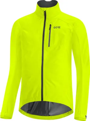 A bright yellow GORE cycling jacket is shown front-on against a white background.
