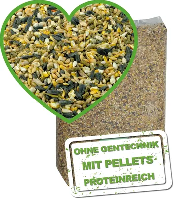 A bag of birdseed with a heart-shaped overlay showing a close-up of the seed mixture.