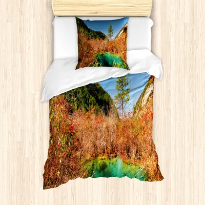 Produktbild von ABAKUHAUS Natur Mantele, Idyllische Herbstsaison, Milbensicher Allergiker geeignet mit Kissenbezügen, 135 cm x 200 cm - 80 x 80 cm, grün Gelb