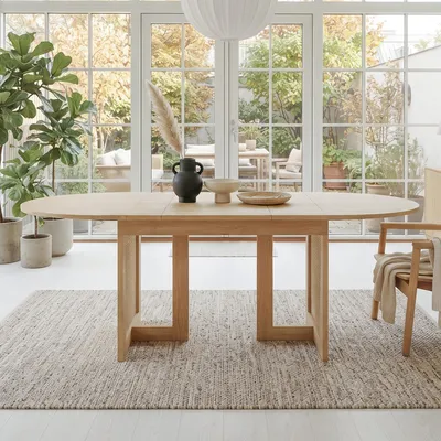 Immagine prodotto di MODFU Tavolo da cucina allungabile 120/160×80 cm, tavolo da pranzo ovale con angoli arrotondati e gambe decorative in rattan, tavolino, legno di quercia