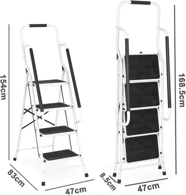 Image de Escalier pliant en métal - Escalier de 3 marches - Marches antidérapantes - Stable et compact - Hauteur : 154 cm, largeur : 47 cm - Idéal pour la maison, le bureau, le jardin