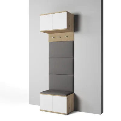 Produktbild von Garderoben-Set Aura Version 5: Schuhschrank mit Polsterpaneelen, Hängeschrank für Flur und Eingangsbereich (Weiß / Eiche Artisan/Trinity 34)