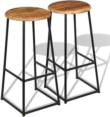 Productafbeelding van Barstoelen, set van 2, massief teakhout, industriële stijl, in hoogte verstelbaar, draaibaar. Keukenstoelen met rugleuning en voetsteun, geschikt voor bars, toonbanken en horecagelegenheden