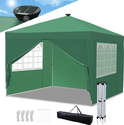 Produktbild von TolleTour Pavillon Faltpavillon 3x3m Grün mit Solar-LED-Licht mit Seitenwänden Partyzelt UV-Schutz höhenverstellbarer mit Tragetasche, für Outdoor Garten Camping