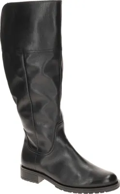 A black leather boot on a white background.