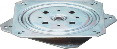 A top-down view of a metal turntable bearing.