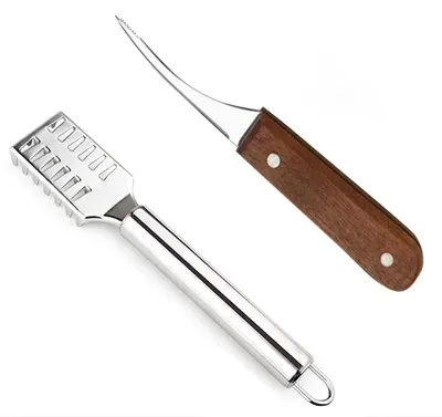 Fischschupper und Garnelenmesser, Edelstahl, Holzgriff, 2er-Set