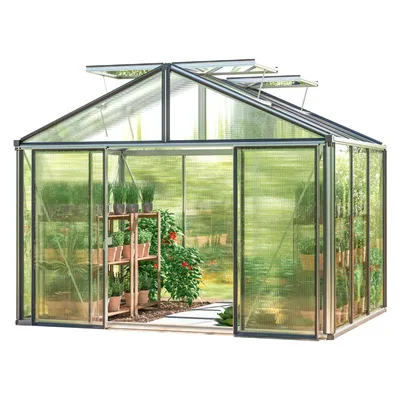 Produktbild von GFP Gewächshaus Asteria 21 Premium 311x235 cm mit integriertem Fundament 16 mm Doppelstegplatten, Farbe Aluminium Silber