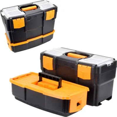 Two black and orange toolboxes are displayed against a white background.