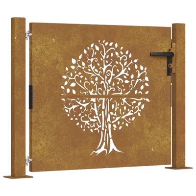 A garden gate with a tree design.