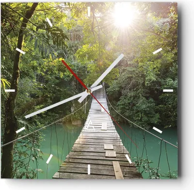 Produktbild von Wanduhr - Quadrat - Glasuhr - Brücke Seil Dschungel - 40x40cm - Schleichendes Uhrwerk - Lautlos - zum Aufhängen bereit - Dekoration Modern - Wanddekoration aus Glas - C3AC40x40-4397
