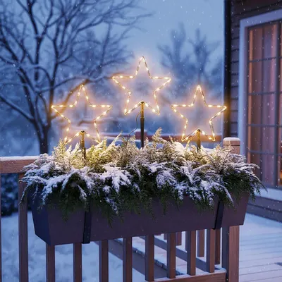 Productafbeelding van Metallische tuinstekers, set van 3, zwart, 60 LED's met timer - 30 cm - Kersttuinstekers, zacht goud, verlicht met aardespies, op batterijen