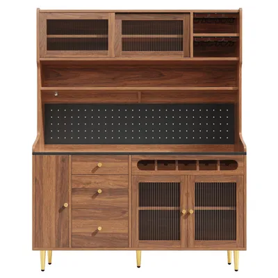 Produktbild von Flieks Küche Hochschrank mit Weinregal und Glashalter, Küchenbuffet Küchenschrank mit Led, Buffetständer Highboard mit Lochwandregalen, Naturbelassen