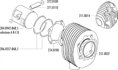 Zdjęcie produktu dla Zestaw tłoków Polini, 68,5 mm, kompatybilny z Vespa PX 200, silnik dwusuwowy (VSX1T)