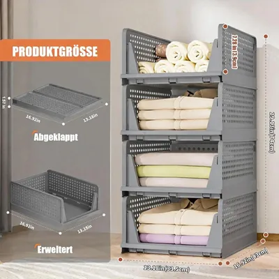 Produktbild von 4er Set Aufbewahrungskörbe - Stapelbare Kleiderschrank Schubladen - Faltbare Kunststoffboxen - Kleideraufbewahrung - Schrank Organizer - Grau