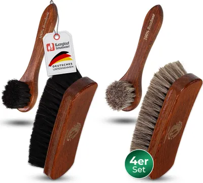 Produktbild von Rosshaar Schuhbürsten Set - Schuhbürsten aus echtem Pferdehaar - Griff aus lackiertem Buchenholz I Rosshaarbürste (n) für Glattleder - 2 Glanzbürsten und 2 Tiegelbürsten German