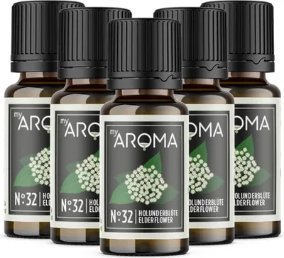 Produktbild von myAROMA flavour drops – Holunderblüte 5x10ml, zucker- & kalorienfrei, vegan, natürliches Aroma ohne künstliche Farbstoffe