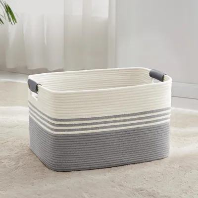 Image de Panier à linge tressé, grande taille, 60 litres, en corde de coton, blanc/gris, dimensions 53x38x29 cm, avec poignées en cuir