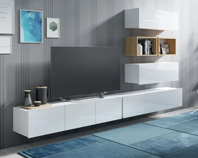Produktbild von Wohnwand Amanda XVI TV Möbel Schrankwand TV Lowboard Wohnzimmer-Set Bücherregale Anbauwand (Weiß matt + Weiß Hochglanz Fronten / Goldene Eiche)