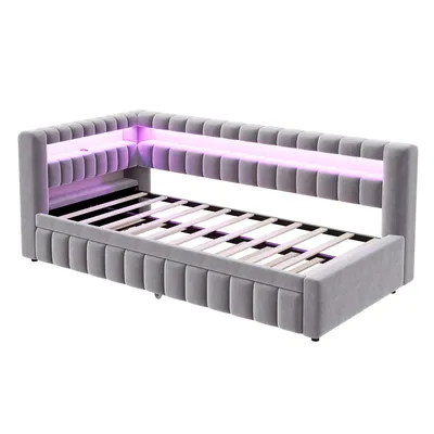 Produktbild von Flieks Polsterbett 90x200cm mit Ausziehbett (90x190cm), Tagesbett Schlafsofa mit Usb und Led, Jugendbett Kinderbett Einzelbett mit Lattenrost, Samt