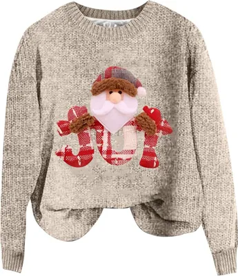 Produktbild von ASKSA Damen Lustige Weihnachtspullover Strickpullover Winter Rundhals Pulli Christmas Sweater Langarm Oberteile Warm Weihnachtspulli,F-Beige,L
