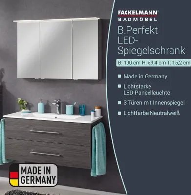 A bathroom vanity with a mirror cabinet above it, featuring product details and branding.