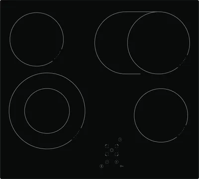 A top-down view of a black glass ceramic induction hob with four cooking zones and touch controls.