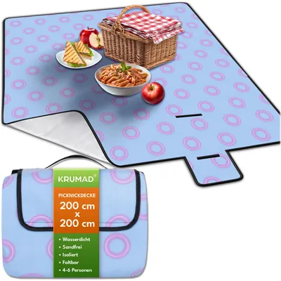 Produktbild von KRUMAD Picknickdecke 200x200 cm, Isoliert & Wasserdichte Decke XXL, Fleece Outdoor Decke Faltbar mit Tragegriff, Dreilagige Stranddecke, Hellblau