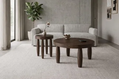 Immagine prodotto di Set di tavolini da salotto in stile moderno, marroni, con gambe in legno e piano in legno, tavolo rotondo