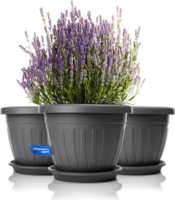 Produktbild von BigDean 3x Blumentopf mit Untersetzer rund ø40xH31 cm anthrazit - wetterfester Pflanzkübel - Wasserablauf UV-beständig aus bruchsicherem Kunststoff