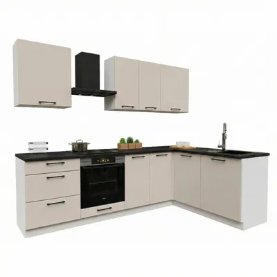 Produktbild von Eckküche 260x170 cm - Beige Matt - MDF - mit schwarzer Arbeitsplatte - Küchenzeile - mit Hängeschränke und Unterschränke - DENIS