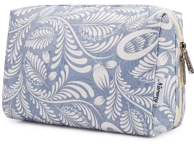 Obrázok produktu pre Kozmetická taška pre ženy, veľká, modrá, s motívom listu, vodeodolná, rozmer 22x15x10 cm