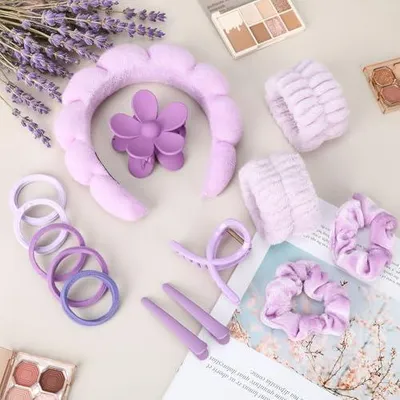 Produktbild von 14-teiliges Haarband- und Kosmetikset für Damen mit Spa-Stirnband, Make-up-Schwamm, 2 Bubble-Stirnbändern, 2 Bubble-Armbändern, 4 Haarklammern und 7 Haargummis für Abschminken, Yoga, Sport und Dusche