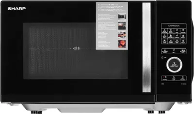 A front view of a black Sharp microwave oven on a white background.