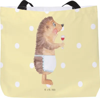 Produktbild von Mr. & Mrs. Panda Tote Bag Igel Wein - Gelb Pastell - Geschenk, Weißwein, Spruch, Rotwein, Weinglas, Lustige Sprüche, Tasche, Schultasche, Strandtasche, Reisetasche