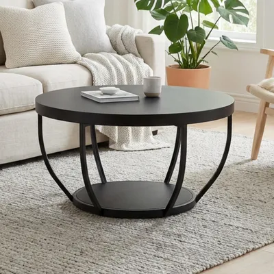 Produktbild von Home Collective Couchtisch Ø 80 cm rund, moderner Beistelltisch mit 2 Ablagen, Wohnzimmertisch mit Metallgestell 46 mm Tischplatte, Sofa-Tisch, idealer Ablagetisch für Wohnzimmer Deko | Schwarz