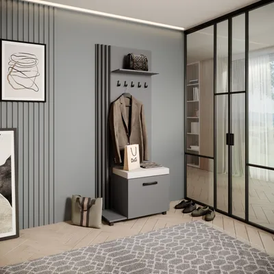 Image de Armoire LIVIA - Armoire haute avec cintres, armoire à chaussures, graphite, lamelles noires, coussin d'assise beige clair, gauche