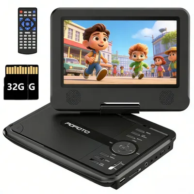 Image de Lecteur DVD portable POFOTO 9,5 pouces avec écran HD pivotant de 7,5 pouces, idéal pour la voiture, avec chargeur de voiture, adaptateur secteur et batterie rechargeable ; compatible USB et synchronisation TV