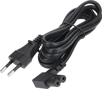 A black power cord with two different types of plugs.