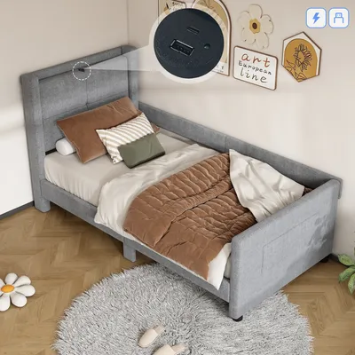Produktbild von 90x200cm Polsterbett mit USB-Anschluss, modernes Design, robustes MDF und weiches Baumwollleinen,Grau