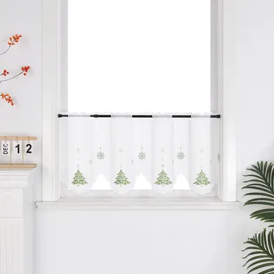 Produktbild von Joyswahl Scheibengardine Weihnachten Deko Küche Gardinen mit grüner Christbaumstickerei Kurztores Landhausstil transparent Weiß BxH 140x60 cm
